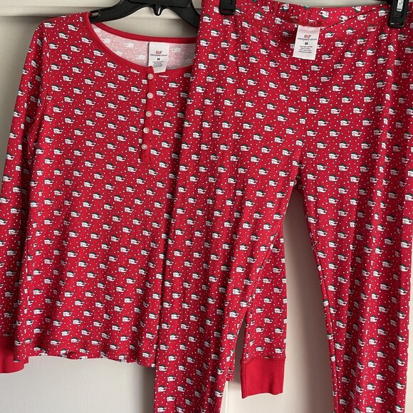 Vineyard Vines Holiday Santa Whales Long Pajama Sleep SET Size M Red Cotton PJs - Picture 1 of 13